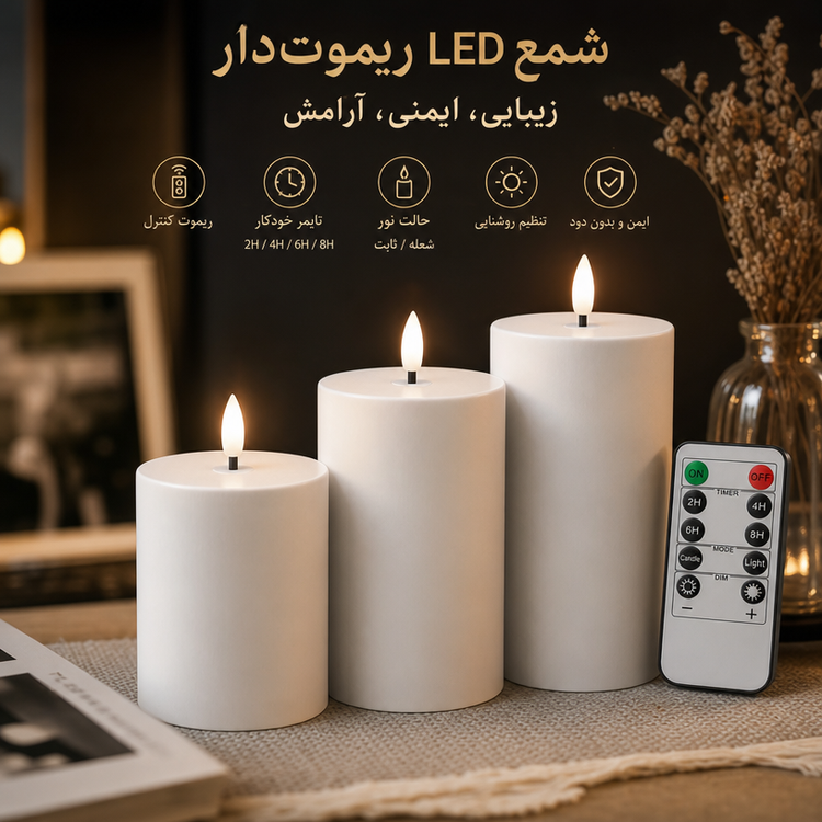 شمع ال ای دی استوانه ۳سایز بدنه فلز ریموت دار۰۰۱۱۶